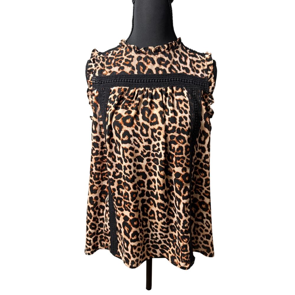 a.n.a Woman’s Med Leopard Print Black Lace Blouse Mobwife Officesiren Y2K Style